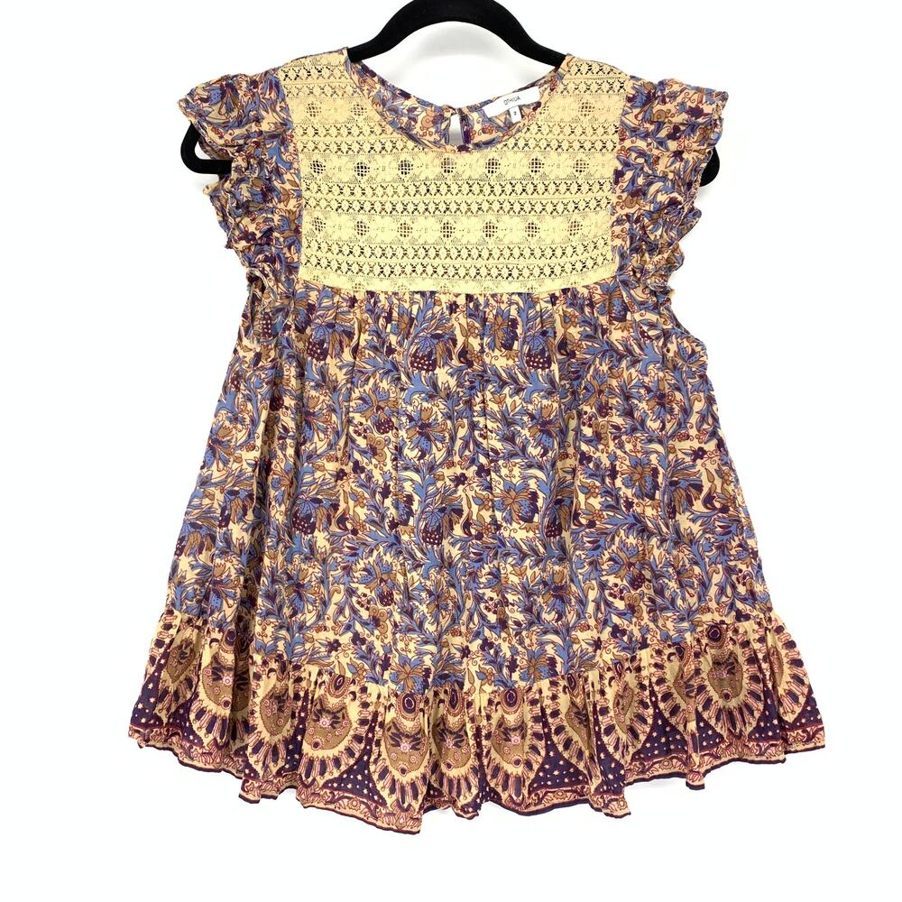 Othilia Boho Blouse Womens Size 2 Lace Inset Yoke Ruffle Cap Sleeve Floral Print